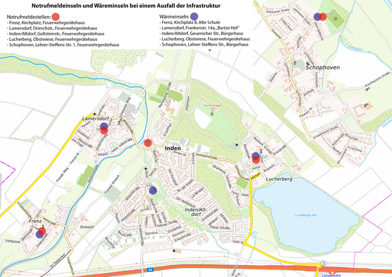 Karte der Gemeinde Inden mit Markierung der Notrufmeldestellen (in den Feuerwehrgerätehäusern) und Wärmeinseln (Frenz, Alte Schule; Lamersdorf, Frankenstraße 14a Bartze Hof; Inden/Altdorf, Bürgerhaus Geuenicher Straße; Lucherberg Feuerwehrgerätehaus Obstwiese; Schophoven, Bürgerhaus Lehrer-Steffens-Straße)